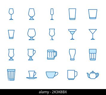 Glasdarstellung mit Symbolen - Bierkrug, Whiskey Shot, Weinglas, Teekannen mit minimalem Vektor. Einfache dünne Linie Kunst über Cocktail Stock Vektor