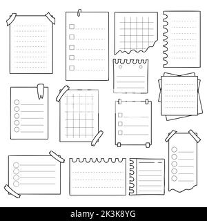 Legen Sie Vektor-Doodle-Blätter von Notizbüchern fest. Handgezeichnetes Papier mit Streifen, leer, Notizbücher, Erinnerungen. Isolierte verschiedene Blätter, Notizen, Erinnerungen pa Stock Vektor