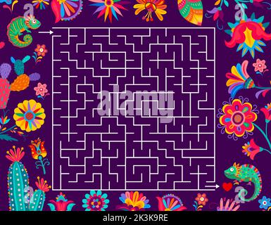 Labyrinth Labyrinth Spiel Arbeitsblatt. Finden Sie einen Weg zum mexikanischen Chamäleon-Paar. Kinder Puzzle, Rätselvektor Arbeitsblatt oder Kind Spiel Quiz Buchseite mit Suchweg Aktivität, mexikanische Blumenschmuck, Eidechse Stock Vektor