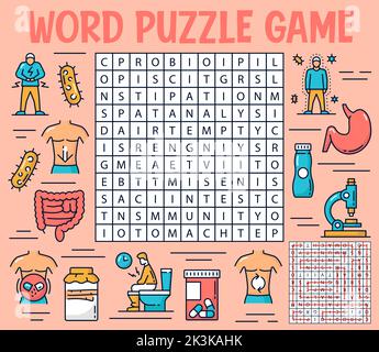 Probiotika, Darm Gesundheitswesen, Wortsuche Puzzle-Spiel, Vektor-Arbeitsblatt. Finden Wort Quiz Spiel Wort in Gitter, medizinische Gesundheit des Darms und Magen Verdauung mit Probiotika Pillen zu suchen Stock Vektor