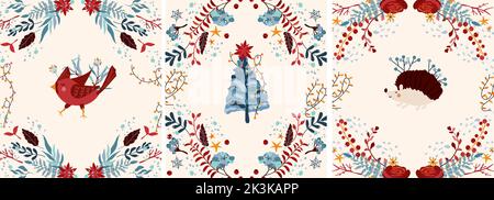Niedliche Winterkomposition mit nördlichem Kardinal, witzigem Igel und Weihnachtsbaum in Kranz, Blumen und Blättern.Niedliche Wintertiere.perfekt für Grußkarten, Poster, Postkarte, Banner. Vektor. Stock Vektor