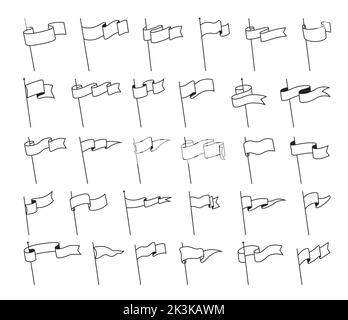 Retro-Wimpelfahnen, Banner-Anhänger auf Fahnenmasten und winkende Schilder, Vektorlinien-Symbole. Sportcamp oder Universität und Varsity Club isoliert Wimpel leere Fahnen auf Stöcken in weiß und schwarz lineare Umrisse Stock Vektor