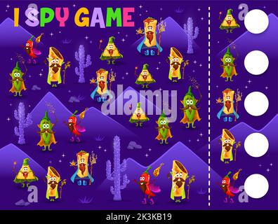 Ich spioniere Spiel Arbeitsblatt, Cartoon Tex Mex mexikanische Lebensmittel Zauberer Charaktere, Vektor-Quiz. Kinder Cartoon Puzzle-Spiel zu finden, die gleichen und Spiel Burrito Zauberer und Chili Pfeffer Magier oder Taco mit Zauberstab Stock Vektor