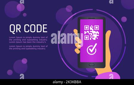 Scannen des QR-Codes mit dem Mobiltelefon. QR-Code-Zahlung, bargeldloses Technologiekonzept. Vektor-Illustration flachen Stil. Kann für, Landing Page, Vorlage, Stock Vektor
