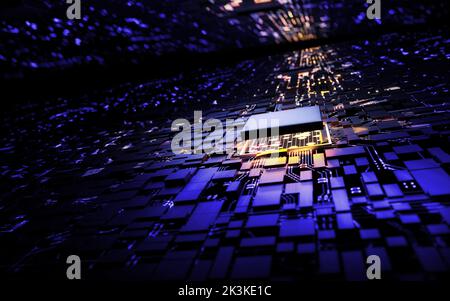 3D Rendering Mikroprozessor CPU-Chipsatz zentrale Prozessoreinheit auf der Hauptplatine des Beleuchtungskreises. Cyber- und Zukunftskonzept, Hardware, Stockfoto