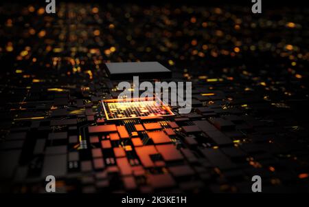 3D Rendering Mikroprozessor CPU-Chipsatz zentrale Prozessoreinheit auf der Hauptplatine des Beleuchtungskreises. Cyber- und Zukunftskonzept, Hardware, Stockfoto