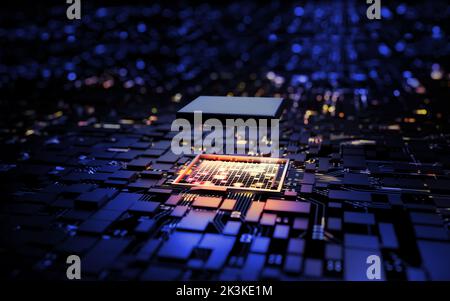 3D Rendering Mikroprozessor CPU-Chipsatz zentrale Prozessoreinheit auf der Hauptplatine des Beleuchtungskreises. Cyber- und Zukunftskonzept, Hardware, Stockfoto