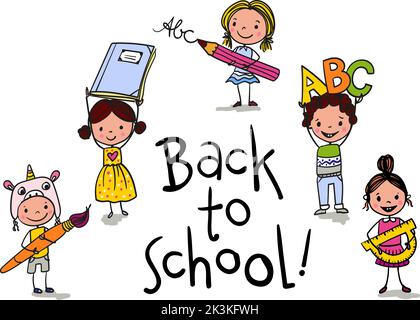 Zurück in die Schule - niedliche Jungen und Mädchen mit Linealen, Bleistiften, Bürsten und ABC - aufgeregt, wieder in die Schule zu gehen - bunte handgezeichnete Karikatur. Geeignet für Stock Vektor