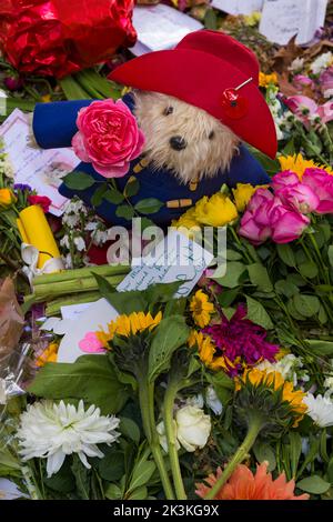 Ergreifende Botschaften und blumige Ehrungen an die verstorbene Königin Elizabeth II. Im September im Green Park, London, Großbritannien - die Blumen verwelkt, aber die Erinnerungen bleiben bestehen Stockfoto