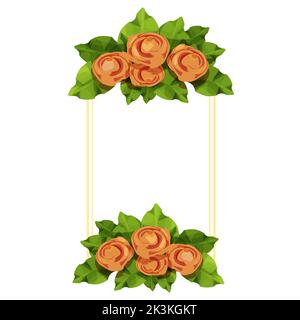 Goldener Rahmen mit Rosen Blumen und Blätter in Cartoon-Stil isoliert auf weißem Hintergrund dekoriert. Vorlage für Begrüßung, Einladung. Vektorgrafik Stock Vektor