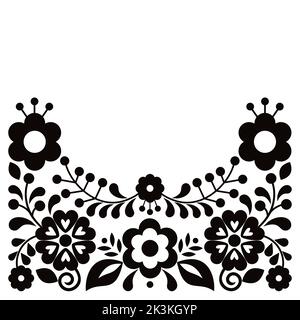 Mexikanische Volkskunst Stil Vektor Blumen Grußkarte oder Einladung Design, schwarz-weiß Muster mit Blumen inspiriert von traditionellen Stickereien aus Stock Vektor