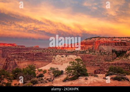 Farbenfrohe Sonnenuntergangswolken über dem Shafer Canyon überblicken die Insel im Sky District, Canyonlands National Park, Utah. Stockfoto