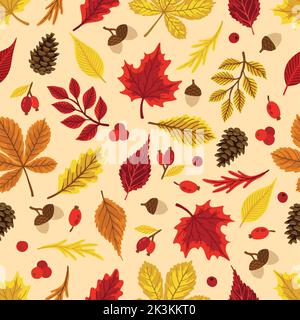 Herbstblätter Muster. Fallendes Blatt nahtloser Hintergrund mit Eiche, Ahorn, Kastanie, Linde, Espe, Walnuss- und Eberesche-Laub. Stock Vektor