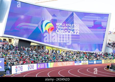 Logo der Leichtathletik-Weltmeisterschaften, Hayward Field, Eugene, Oregon, USA am 20.. Juli 2022. Foto von Gary Mitchell Stockfoto