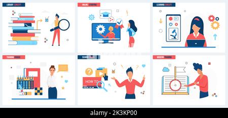 Online-Bibliothek, ebook mobile App Set Vektor-Illustration. Cartoon-Studenten lernen mit digitalen Büchern und Video-Tutorials, Webinar-Trainingskonzept für Banner, Website-Design oder Landing Web Page Stock Vektor