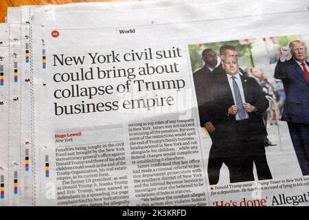 "New Yorker Zivilklage könnte zum Zusammenbruch des (Donald) Trump-Wirtschaftsreiches führen" Headline-Clipping der Zeitung Guardian 23. September 2022 London UK Stockfoto