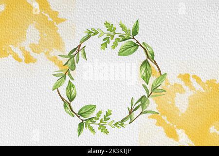 Aquarell Papier Hintergrund Textur. Florale Rand Hintergrund in grün mit Blatt und Blume Aquarell Illustration oder Aquarell Pinsel Blume. Stockfoto