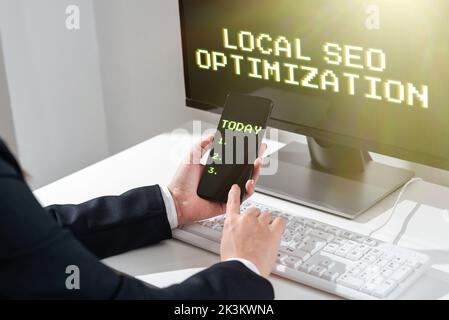 Textüberschrift mit Darstellung der lokalen Seo-Optimierung. Wort für Sichtbarkeit der Suche auf Top-Liste Rang erhöhen Stockfoto