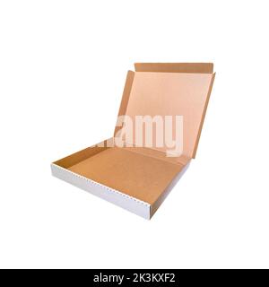 Leerer offener Karton für Pizza isoliert auf weißem Hintergrund. Stockfoto