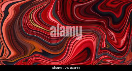 Bewegte bunte Linien von abstraktem Hintergrund. Flüssiges Marmortextur-Design, Marmoroberfläche, abstraktes futuristisches Muster. Rote und schwarze flüssige Farbe Stockfoto