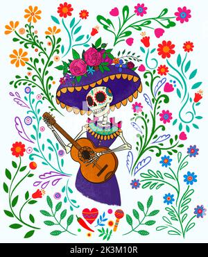 Dia de los muertos, Tag der Toten, mexikanischer Feiertag, Fest. Mädchenschädel in Hut mit Federn, Blumen, isoliert auf dunkelschwarzem Hintergrund. Stockfoto