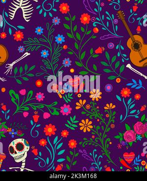 Dia de los muertos Nahtloses Muster. Die wichtigsten Symbole des Urlaubs auf dem dunklen Hintergrund. Tag der Toten. Halloween. Stockfoto