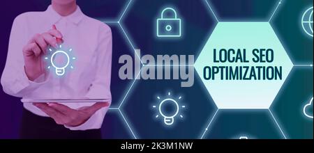 Schreiben mit Anzeige von Text Lokale Seo-Optimierung. Internetkonzept Erhöhen Sie die Sichtbarkeit der Suche auf Rang in der Top-Liste Stockfoto
