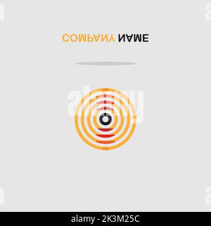 Ein orangefarbenes rundes Symbol in der Mitte eines hellgrauen Hintergrunds für den Namen des Unternehmens Stock Vektor