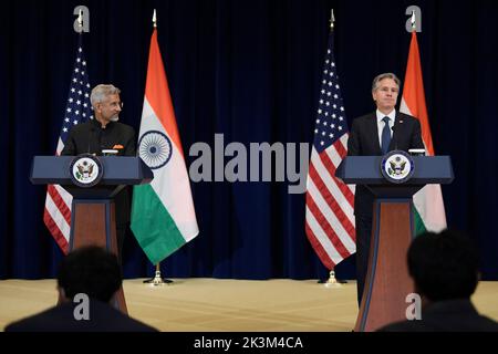 27 27 2022. September 2022, Washington, District of Columbia, USA: US-Außenminister ANTHONY BLINKEN und der indische Außenminister Dr. SUBRAHMANYAM JAISHANKAR sprechen heute im US-Außenministerium in Washington DC, USA, während einer Pressekonferenz über den Ukraine-Krieg, den Iran. (Bild: © Lenin Nolly/ZUMA Press Wire) Stockfoto