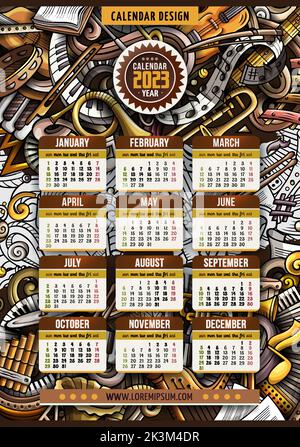 Cartoon bunte handgezeichnete Kritzeleien Klassische Musik 2023 Jahre Kalender Stock Vektor