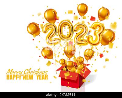 2023 Frohe Weihnachten Frohe Weihnachten Frohe Neujahr realistische goldene Dekoration Ballons. Gold Folie Zahlen 3D Frohes neues Jahr, offene Geschenkbox Stock Vektor