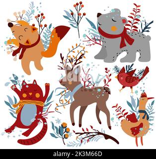 Niedliche Wintertiere, Eisbär, lustiger Fuchs im Schal, nördlicher Kardinal, lustige Katze und Blumen und Blätter.Niedliche Wintertiere für Grußkarten, Poster, Postkarte, Banner. Vektor Stock Vektor