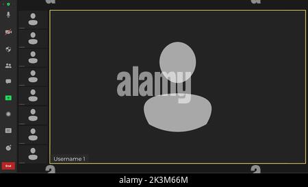 Video-Chat-Benutzeroberfläche. Überlagerung des Fensters „Videoanrufe“. Überlagerung des Fensters „Videokonferenzen“. Benutzeroberfläche der Meeting-App. Sprechender Benutzer auf dem Bildschirm. Stock Vektor