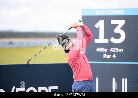 Fife, Schottland, Großbritannien, 27.. September 2022, Jorge CAMPILLO spielt eine Übungsrunde auf dem berühmten St Andrews Old Course, im Alfred Dunhill Cup Stockfoto