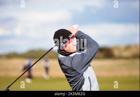 Fife, Schottland, Großbritannien, 27.. September 2022, Marcus Kraus, spielt eine Übungsrunde auf dem berühmten St Andrews Old Course, im Alfred Dunhill Cup Stockfoto