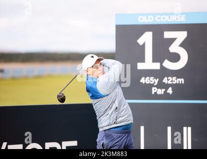 Fife, Schottland, Großbritannien, 27.. September 2022, Russell Chrystie, spielt eine Übungsrunde auf dem berühmten St. Andrews Old Course, im Alfred Dunhill Cup Stockfoto