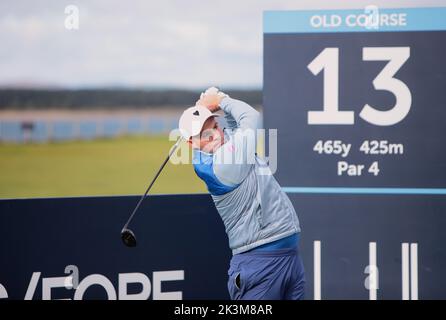 Fife, Schottland, Großbritannien, 27.. September 2022, Russell Chrystie, spielt eine Übungsrunde auf dem berühmten St. Andrews Old Course, im Alfred Dunhill Cup Stockfoto