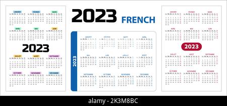 Taschenkalender auf 2023 Jahr, Französisch. Stellen Sie Vertikal und Horizontal ein. Die Woche beginnt ab Montag. Vektor-Vorlagen-Kalender für Unternehmen. Stock Vektor