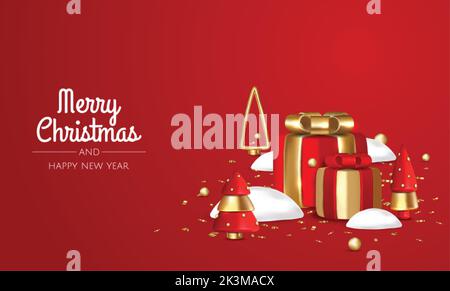 Frohes neues Jahr und Frohe Weihnachten. Hintergrund mit realistischen Urlaub Geschenkbox. Ein Weihnachtsgeschenk. Geschenk Überraschung, goldene weihnachtsbäume, Kugeln, glänzend Stock Vektor