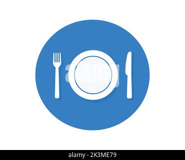 Weißes Esspictogramm in einem blauen Kreis. Stock Vektor