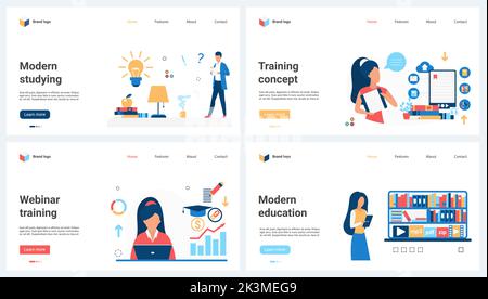 Online-Lernen, moderne Bildung und Wissensvermittlung. Zeichentrickstudenten arbeiten mit dem digitalen Bibliotheksdienst, dem Videotrainingkonzept für Banner, Website-Design oder Landing Web Page Stock Vektor