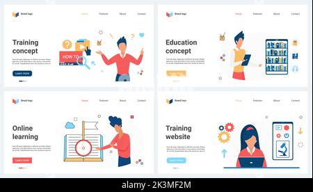 Videotraining, Online-Bildung Set-Vektor-Illustration. Cartoon-Studenten nutzen mobile Bibliothek auf dem Bildschirm des Telefons, lernen digitales Vorlesungskonzept für Banner, Website-Design oder Landing Web-Seite Stock Vektor