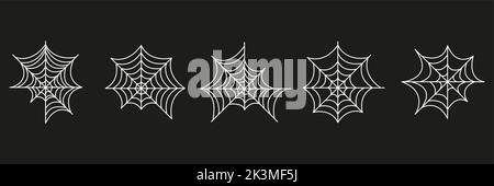 Spinnennetz-Set. Halloween handgezeichnete Spinnweben Kollektion. Vektordarstellung auf schwarzem Hintergrund isoliert. Stock Vektor