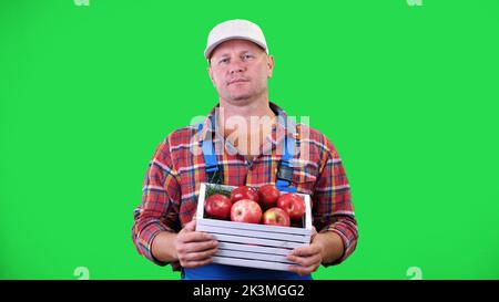 Portrait eines hübschen Bauern, der eine Holzkiste mit roten reifen Bio-Äpfeln hält und lächelt. Auf grünem Hintergrund im Studio. Gesunde Lebensmittel auf Ihren Tisch. Hochwertige Fotos Stockfoto