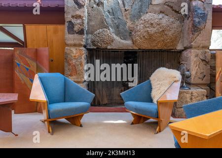 Scottsdale, Arizona, USA - 20. September 2022: Innenansicht von Taliesin West, Winterhaus und Schule des berühmten Architekten Frank Lloyd Wright. Stockfoto