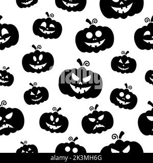 Kürbis Gesichter Silhouetten nahtlose Muster. Halloween Kürbisse Textur. Vektor auf Weiß isoliert. Stock Vektor