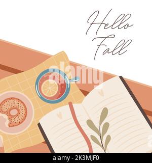 Hallo Herbst Konzept. Gemütliches Herbstkonzept. Bücher lesen und heißen Zitronentee trinken. Vektorgrafik Stock Vektor