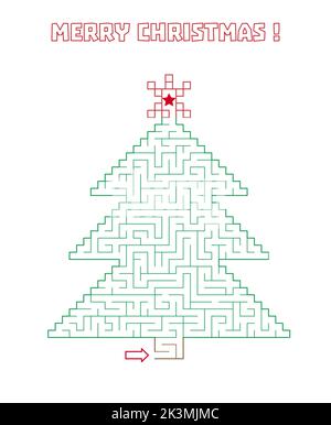 Weihnachtlich baumförmiges Labyrinth. Kinder Frohe Weihnachten Aktivitätsseite. Linie Labyrinth-Spiel. Mittlere Komplexität. Holiday Kids Labyrinth Puzzle, Vektor-Illustration Stock Vektor