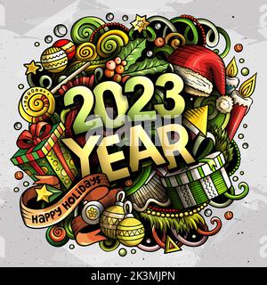 2023 Kritzeleien Illustration. Neujahrs-Objekte und Elemente-Poster Stock Vektor