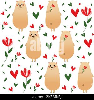 Nahtloses Muster mit niedlichen Cartoon-Bären, Herzen und Blumen.Vektor Hintergrund. Stockfoto